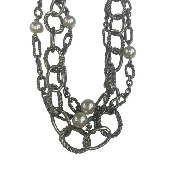 Vintage Multi-Layered Silver Chain Necklace With Faux Pearl Accents Toggle Clasp - Picture 3 of 4